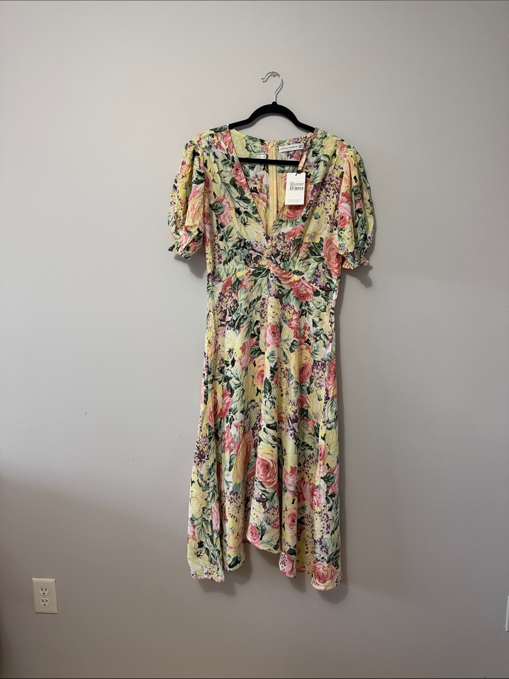 Faithfull the Brand Floral Yellow Midi Dress with Pink Roses